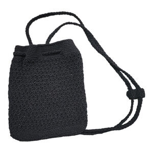 Vintage 90s Xhilaration Beaded Crochet Drawstring Bag Black